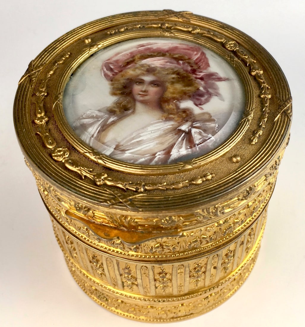 Antique Gilt Bronze Dresser Box Painted Portrait: Circa 1900, cylindrical gilt bronze box with hand painted portrait of a beauty, lined interior, very good condition, 3" x 3"