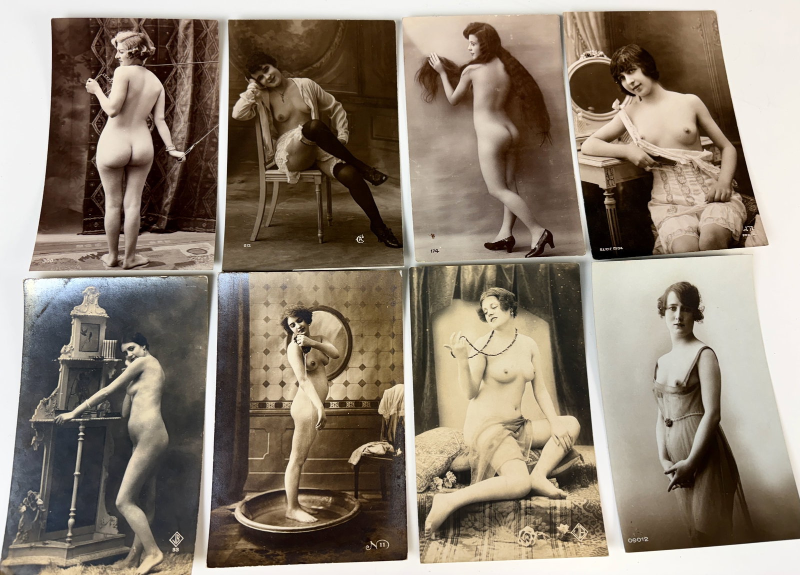 Lot of 8 Vintage Nude Silver Gelatin Postcards: Circa 1910-1920, 8 charming French nude postcards, NOT modern copies, good condition, 6" x 4"