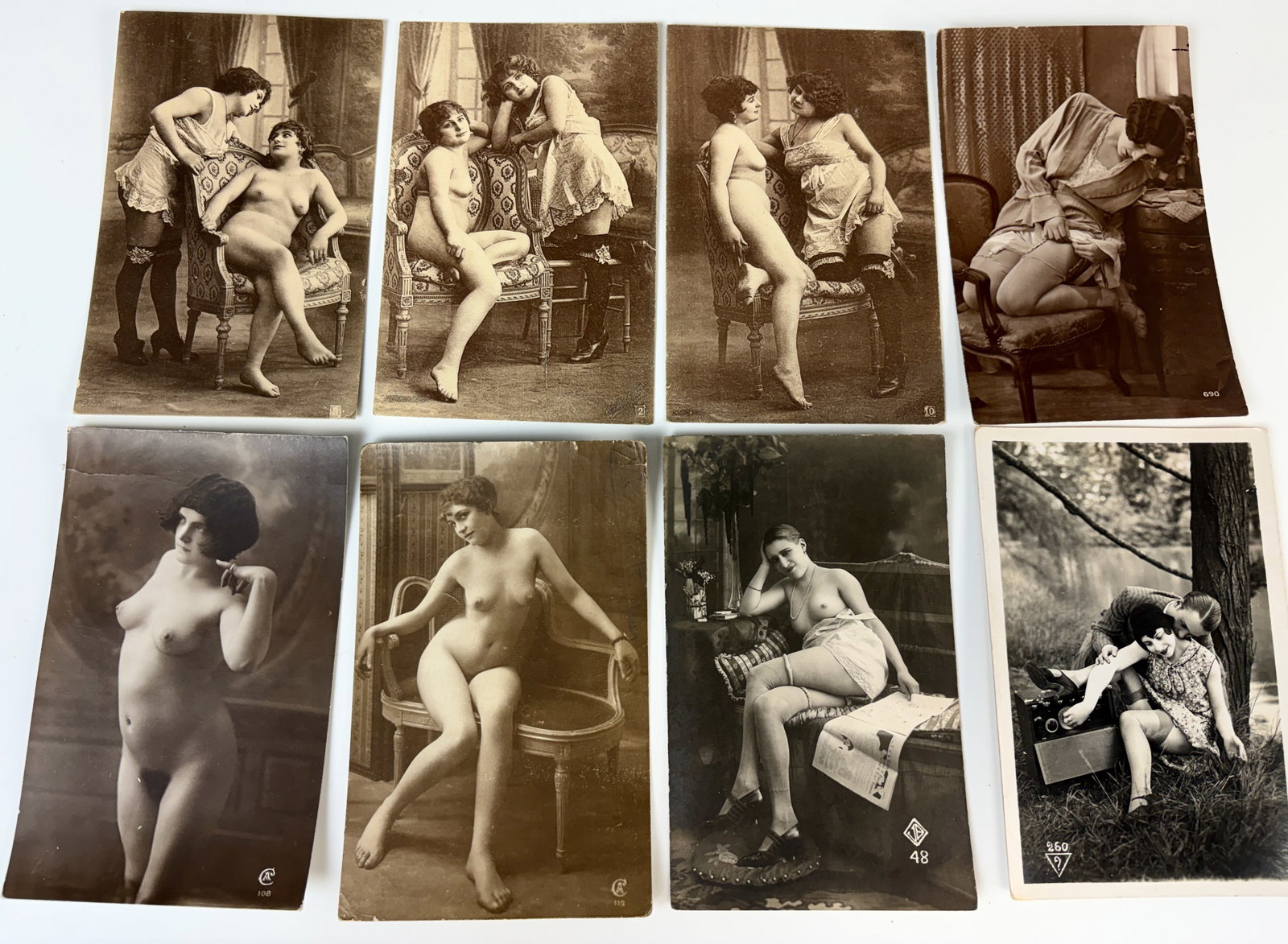 Lot of 8 Vintage Nude Silver Gelatin Postcards: Circa 1910-1920, 8 charming French nude postcards, NOT modern copies, good condition, 6" x 4"