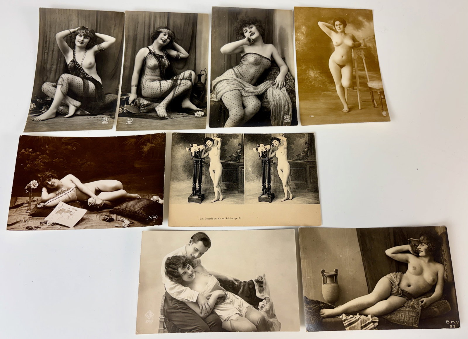 Lot of 8 French Silver Gelatin Nude Postcards: Circa 1910-1920, French, 8 vintage naughty postcards, originals, not copies, good condition, 6" x 4"