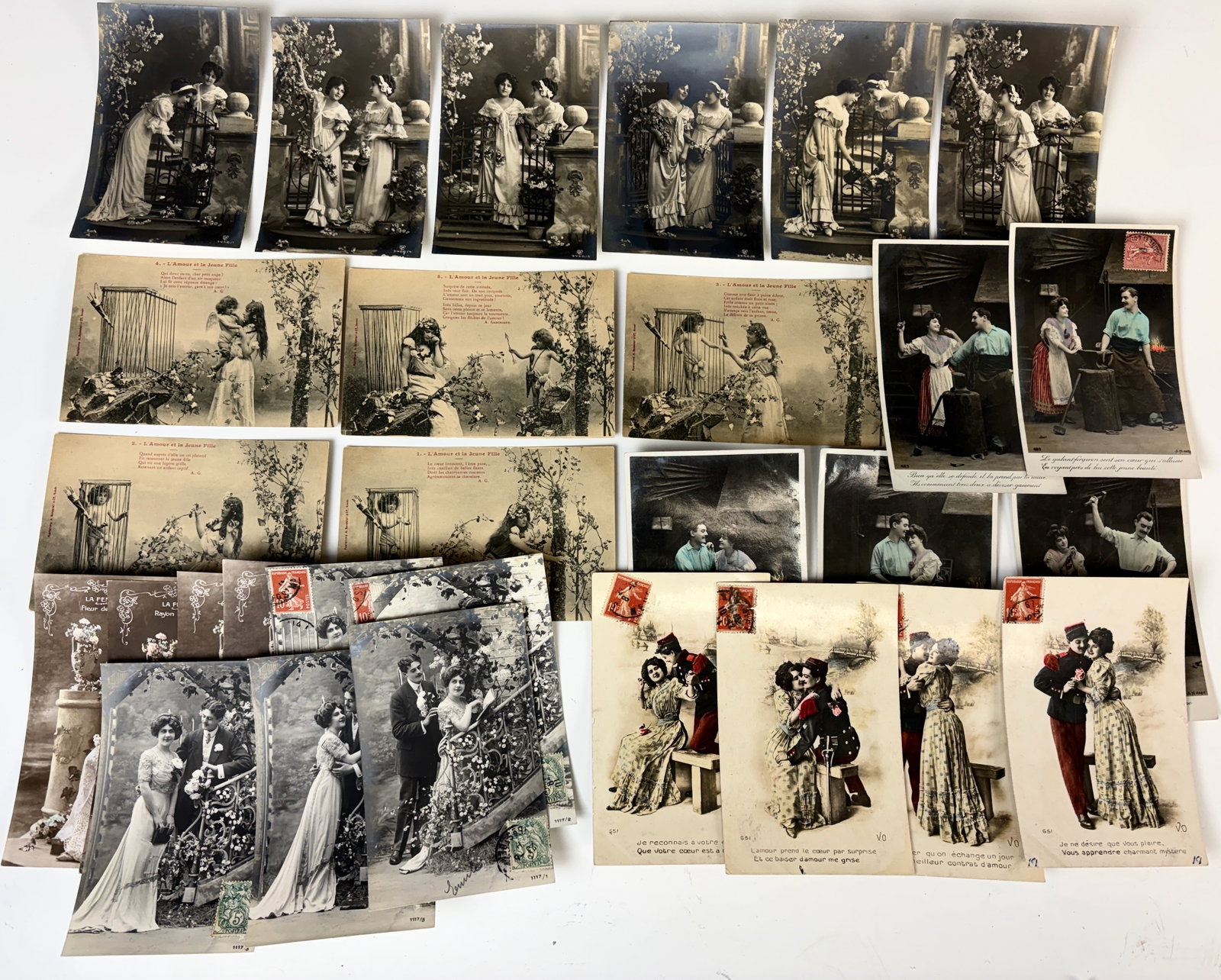 9 Antique Photographic Postcards Cherub & Romantic: Circa 1910, Nine altogether. First set depicts a lady with a cherub. Second set of four depicts a romantic couple. Size: 5.5" x 3.5". Condition: Good.Eligible for in-house shipping (U.S. only). Please