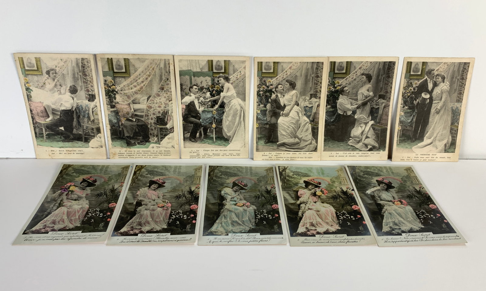 Lot of 11 Romantic Couple Photographic Postcards: Circa 1910, vintage postcards, the first set of 6 depicts a romantic couple, and the second series of 5 depicts a woman with flowers, good condition, 5.5" x 3.5".