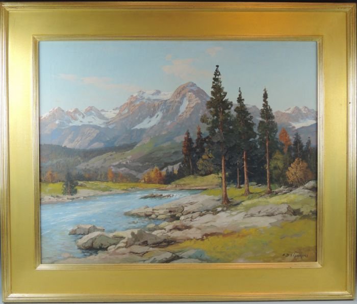 Alexander Dzigurski (1911-1995) Oil Painting: "Snow Covered Mountains" painting on canvas, signed in lower right, mounted in a gilt impressionist frame. Canvas measures 30" x 24", and 37 1/2" x 31 1/2" with frame. Estimate $1,200 - $1,800 Startin