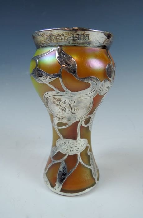 Loetz Iridescent Art Glass Sterling Overlay Vase (1 of 5)