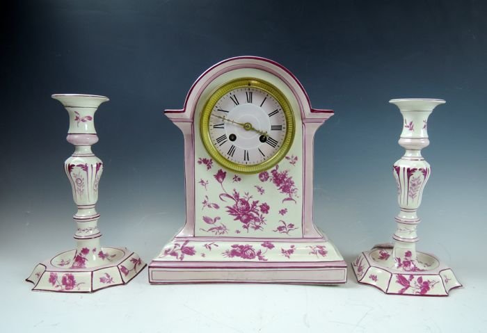 3pc Gien Glazed Porcelain Mantle Clock Set (1 of 4)