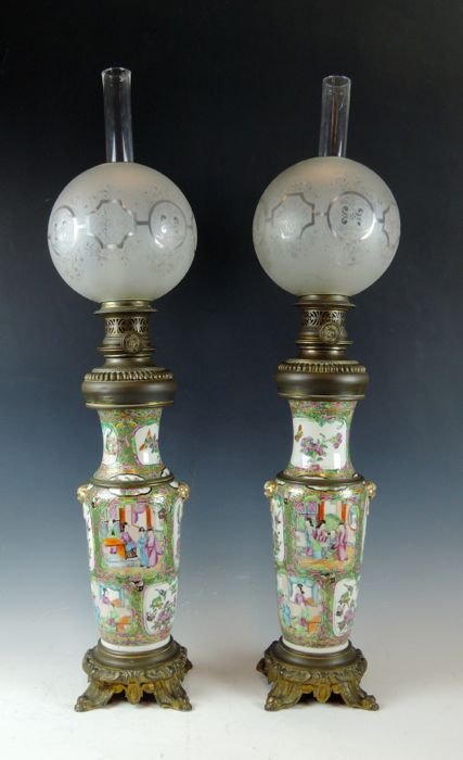 Pair Rose Medallion Chinese Export Oil Lamps (1 of 6)