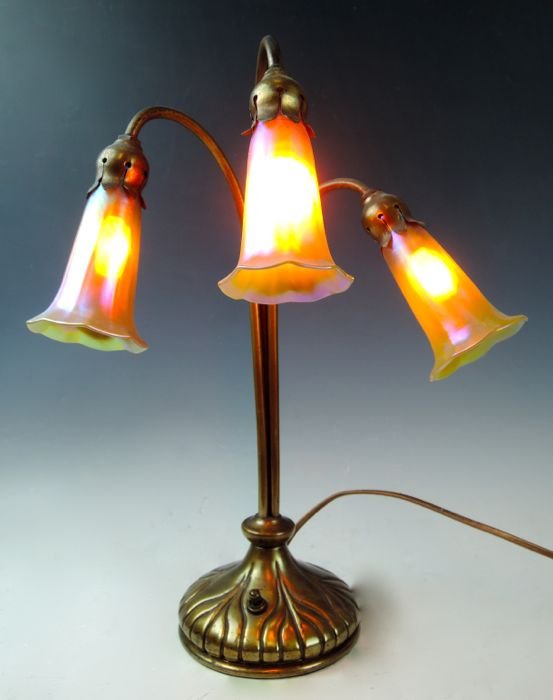 Old Three Light Lily Lamp & Iridescent Lily Shades (1 of 4)