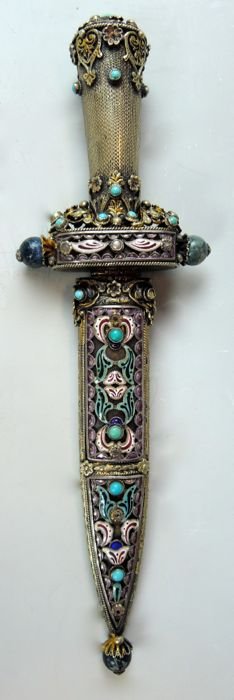 Austrian Silver, Enameled & Jeweled Dagger (1 of 7)