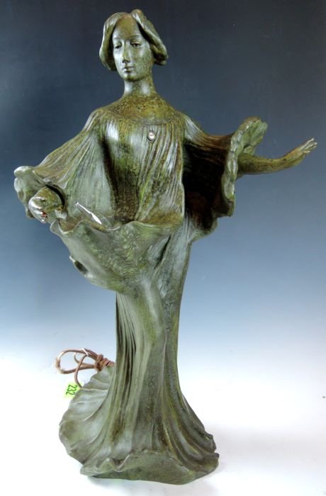 Austrian Terra Cotta Lady Lamp: Signed "J. Causse" Measure 22 1/4" x 14". Estimate $800 - $1,200 Starting Bid $200