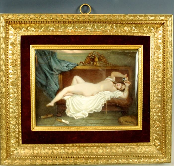 19th Century Nude Painting: 19th Century Nude Painting Fabulous hand painted 19th century nude having a beautiful nude woman reclining on a couch showing a miniature painting she is holding. It is finely hand painted on a cellul