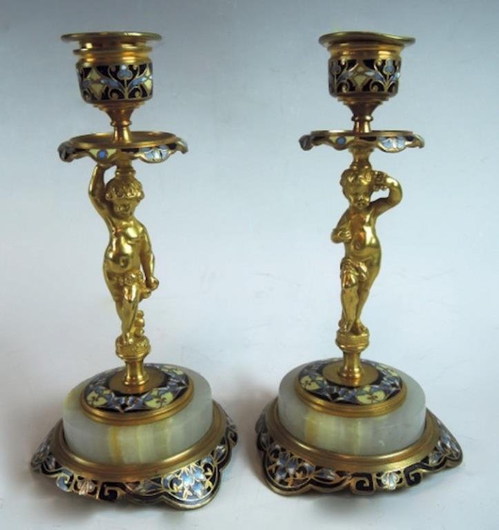 Pr  Dore Bronze Champleve Figural Candlesticks (1 of 3)