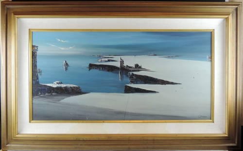 John J Stancin Coastal Painting: John J Stancin Coastal Painting 20th C, surrealist oil on canvas by John Stancin, a well listed neo-romantic painter with a highly individualized style and known as a surrealist, experimentalist and a