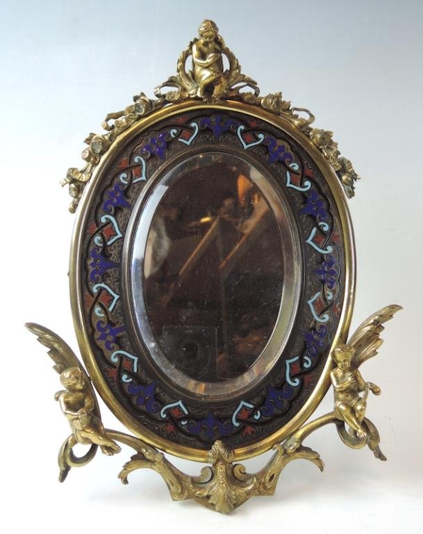 Ornate French Champleve Enamel & Bronze Mirror (1 of 3)