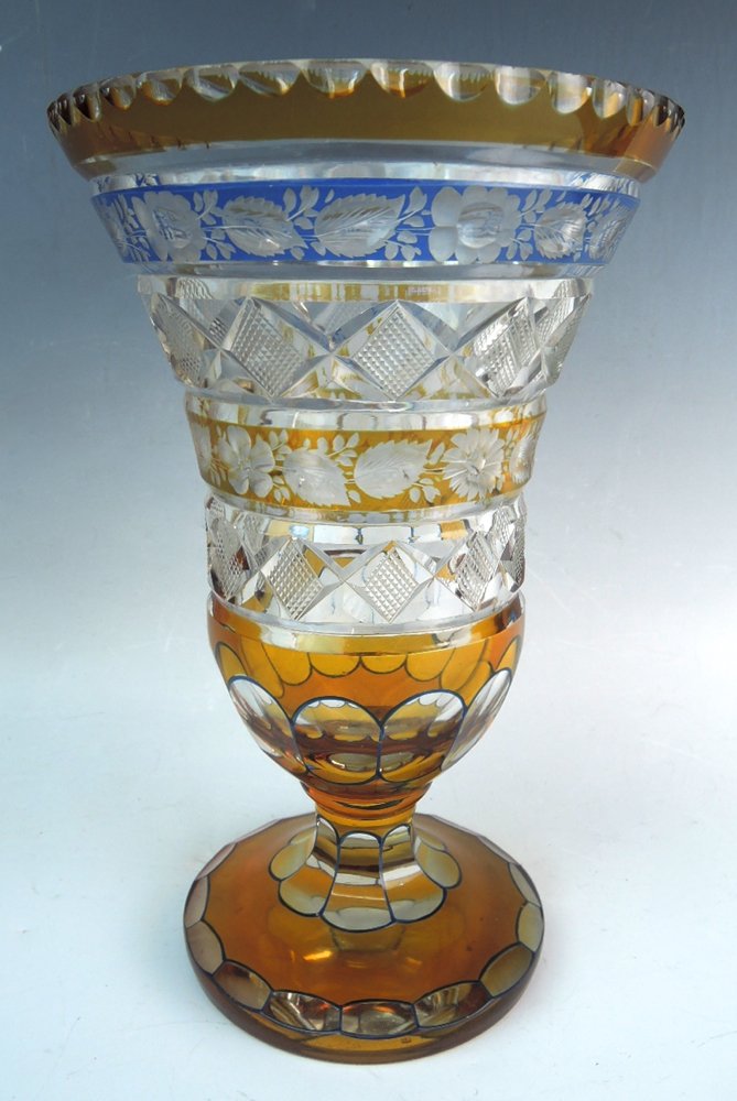 Bohemian Cut Glass Vase in Amber Blue & Clear (1 of 2)