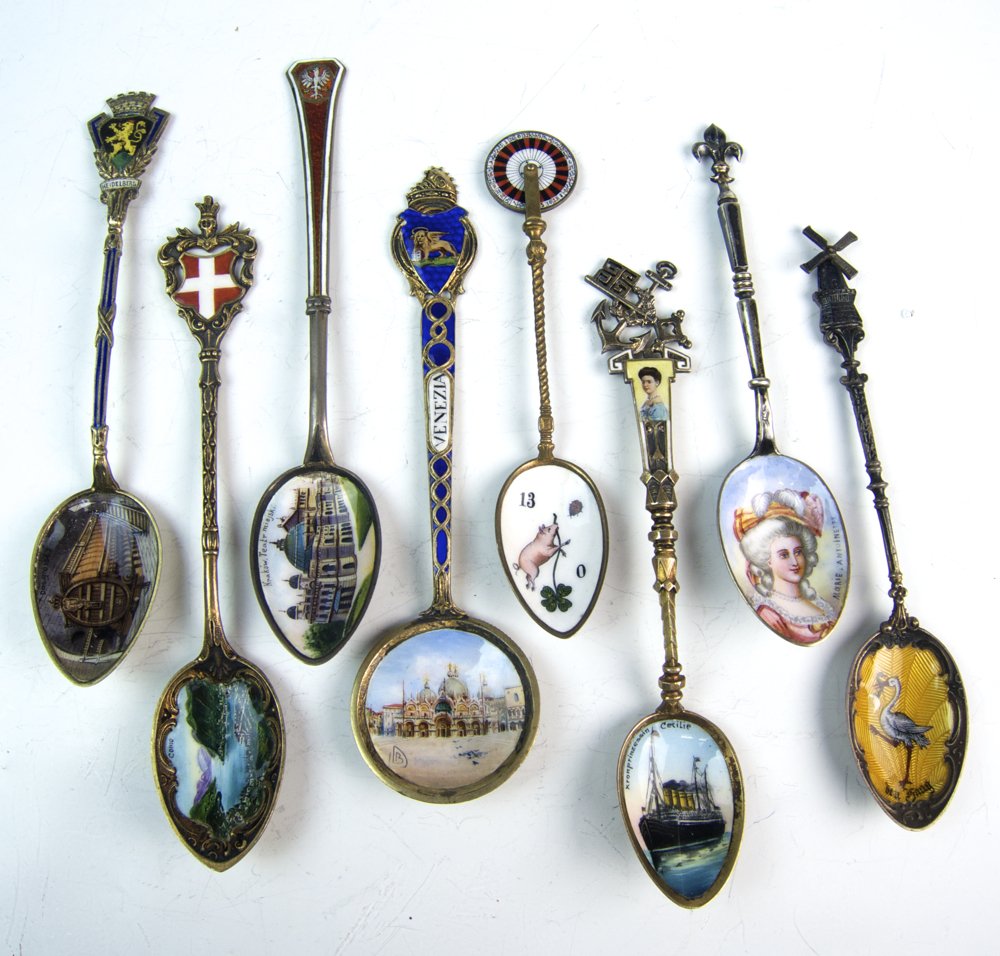 8 Enamel & Sterling Souvenir Spoons c1900 (1 of 2)