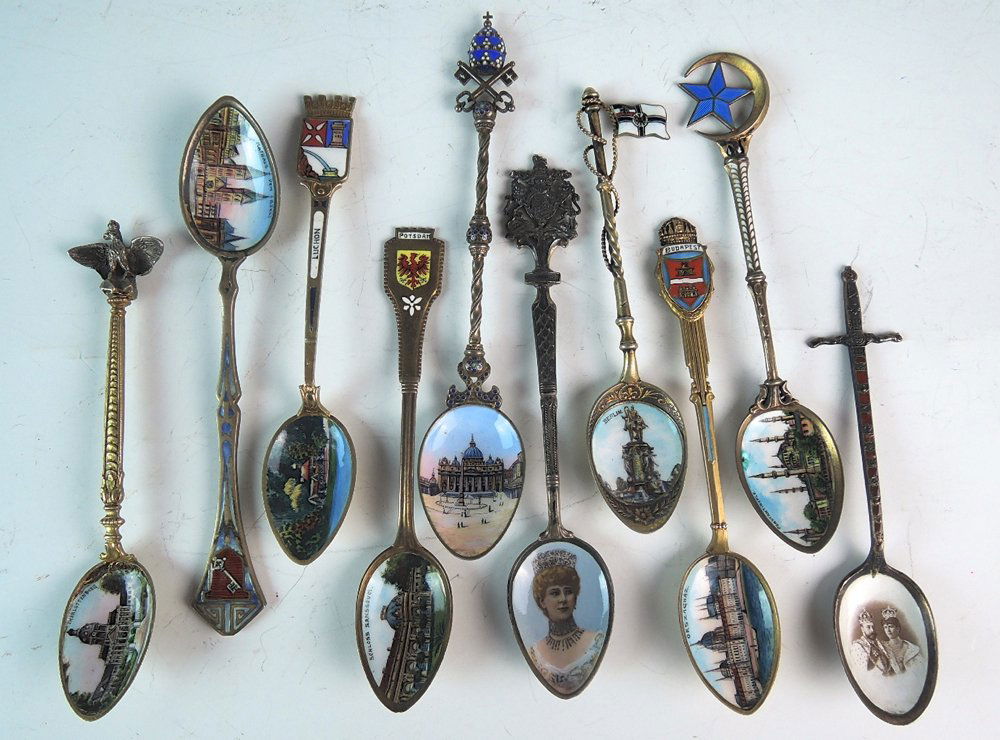 10 Enamel & Sterling Silver Souvenir Spoons c1900 (1 of 3)