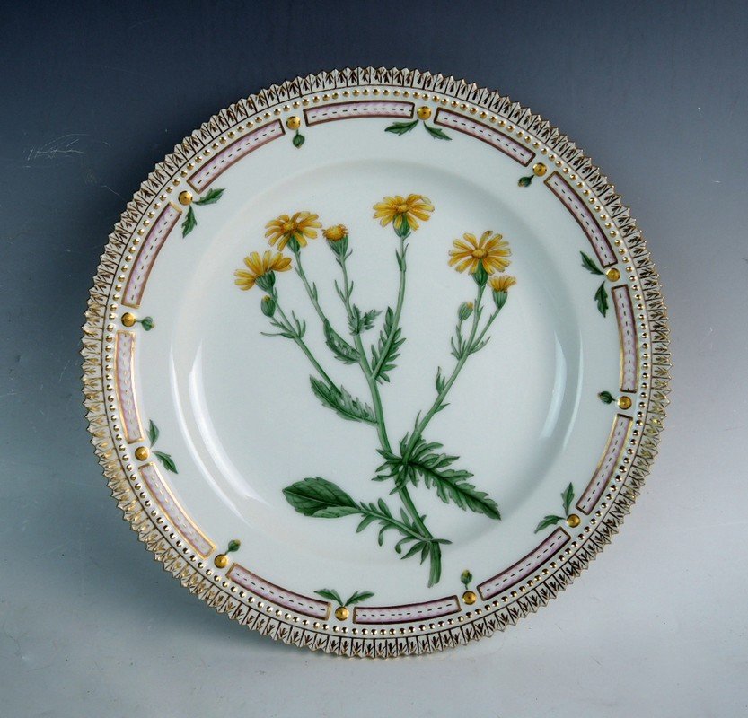 Flora Danica Senecio Jacobaea Plate: Royal Copenhagen Flora Danica, a luxury pattern based upon botanicals native to Denmark, a painted porcelain plate marked " Senecio Jacobaea L" and marked "Royal Copenhagen Denmark" numbered "20 3550"