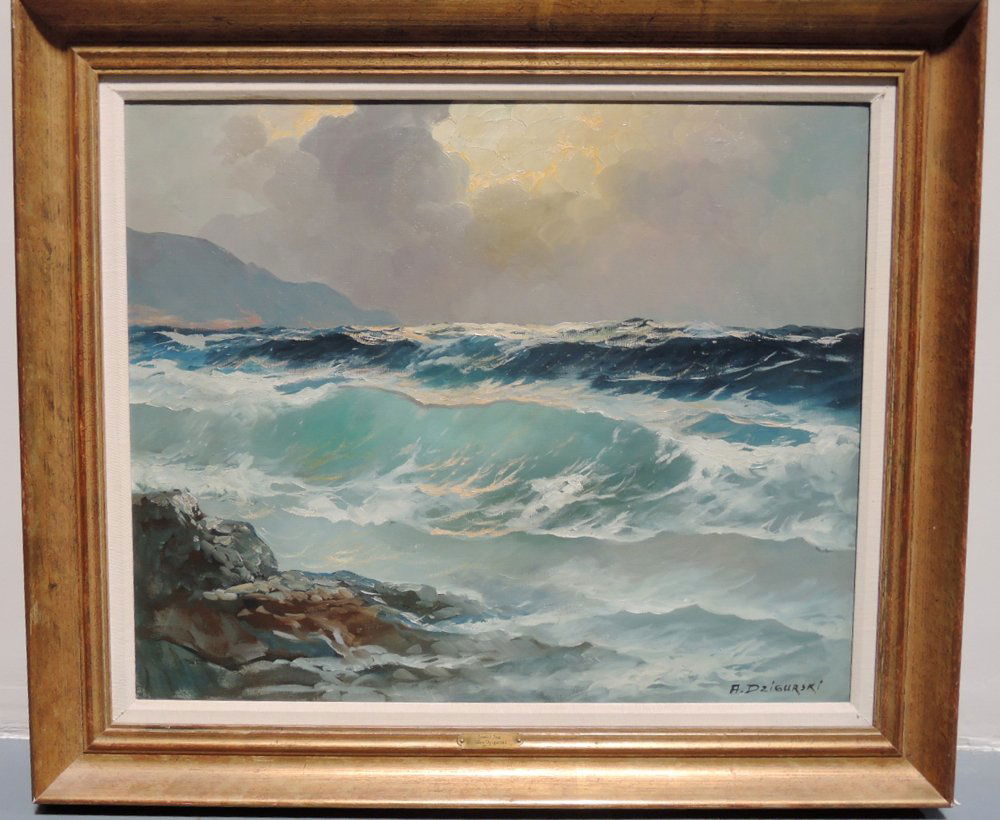 Alexander D'Zigurski Seascape: Alexander D'Zigurski (1911-1968), an oil on canvas "Rough Seas", signed lower right, mounted in a gilt frame, very good condition, 30" x 35" framed, image 23" x 28" Start Bid $800