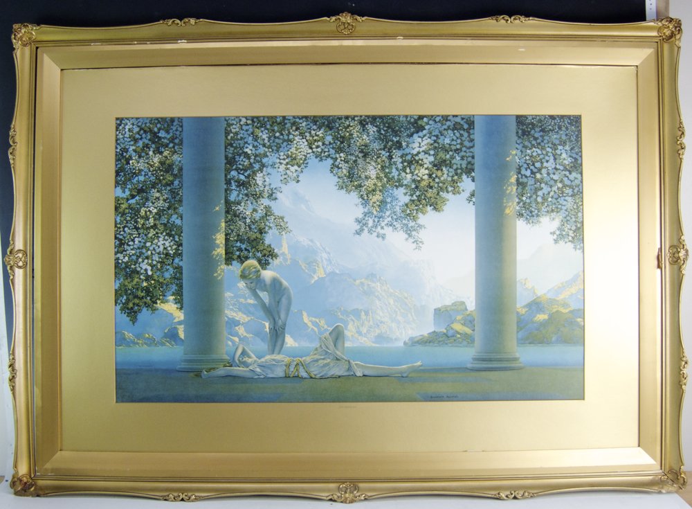 Large Original Daybreak by Maxfield Parrish: Large original period Maxfield Parrish ( 1870-1966) Daybreak mounted with goldtone matt and gilt frame, image in fine condition, no glass in frame, image 21" x 33" Start Bid $100