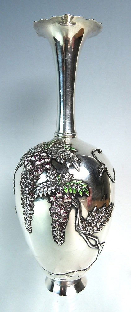 Japanese Meiji Enamel Decorated Silver Vase (1 of 5)