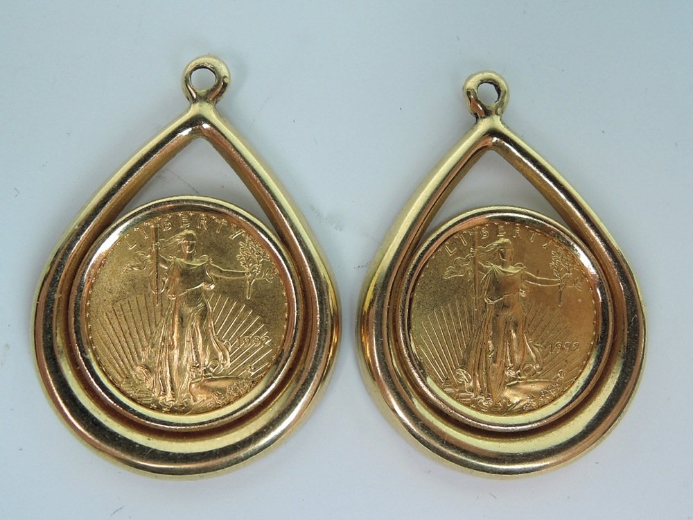 Two United States $5.00 Gold Coin Earrings: US five dollar coins with findings to be worn as earrings, 12 grams