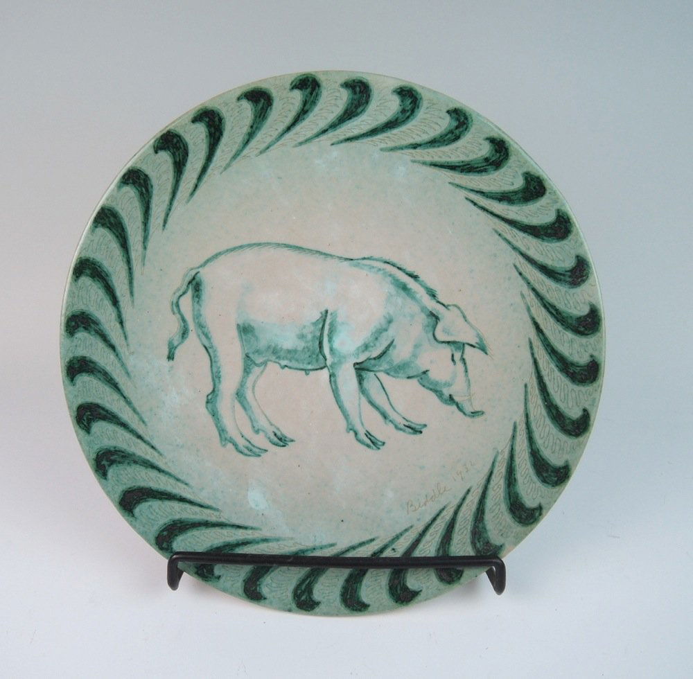 1932 Signed George Biddle Ceramic "Pig" Charger: Having a pig painted on a green glazed charger 10.5" diameter, Biddle played a major role in establishing Federal Arts Project (1935-1942) Signed and dated Biddle 1932 Condition: Very Good