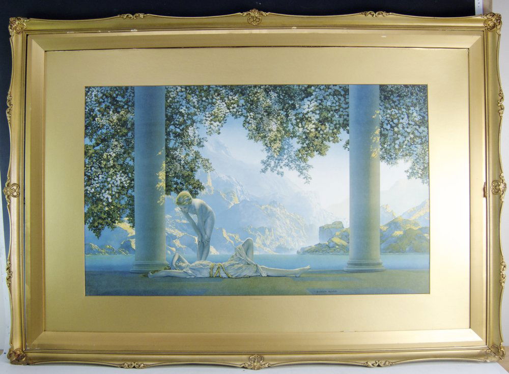 Large Original Print Daybreak by Maxfield Parrish: Large original period Maxfield Parrish ( 1870-1966) Daybreak print, mounted with goldtone matt and gilt frame, image in fine condition, no glass in frame, image 18" x 30"