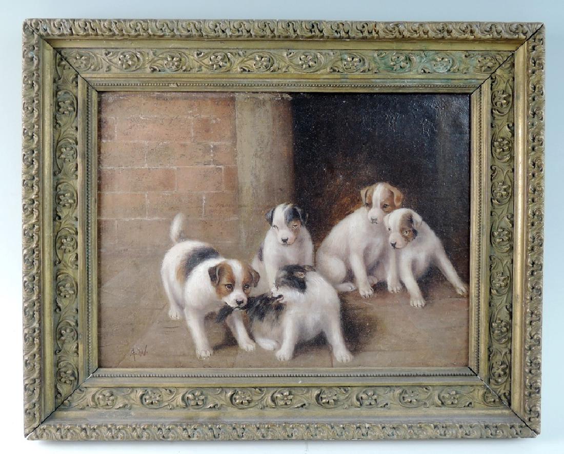 Antique O/B Painting Group of Dogs Teasing Cat (1 of 5)