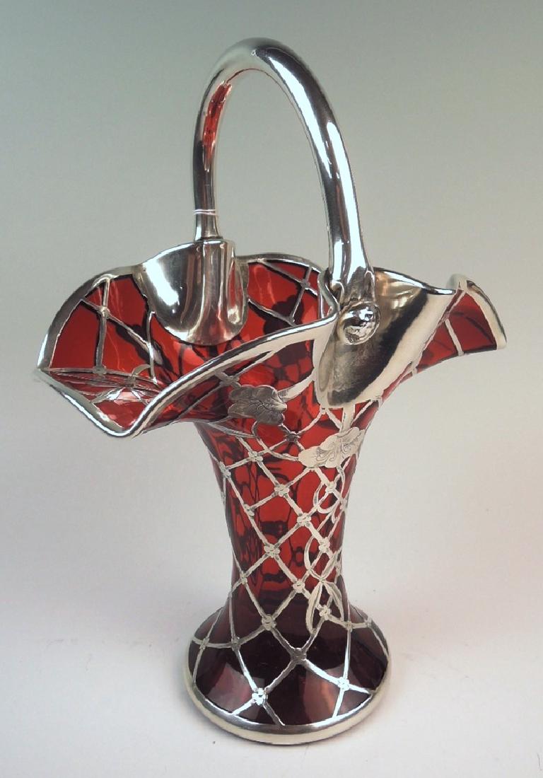 Cranberry Glass Silver Overlay Basket (1 of 4)
