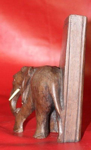 Antique Indo-Pesian-Mughal Period Tribal Wooden: Antique c1700 Indo-Pesian-Mughal Period Tribal Wooden Elephant Weight / Bookend w. Animal Toothkj