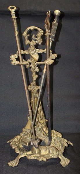 Antique c1905 English Brass Fireplace Tool Set w. Hunt (1 of 5)