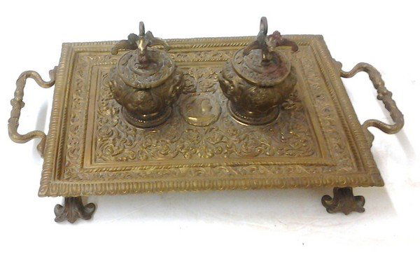 Antique c1880 Victorian Brass Inkwell Set with Bald (1 of 5)