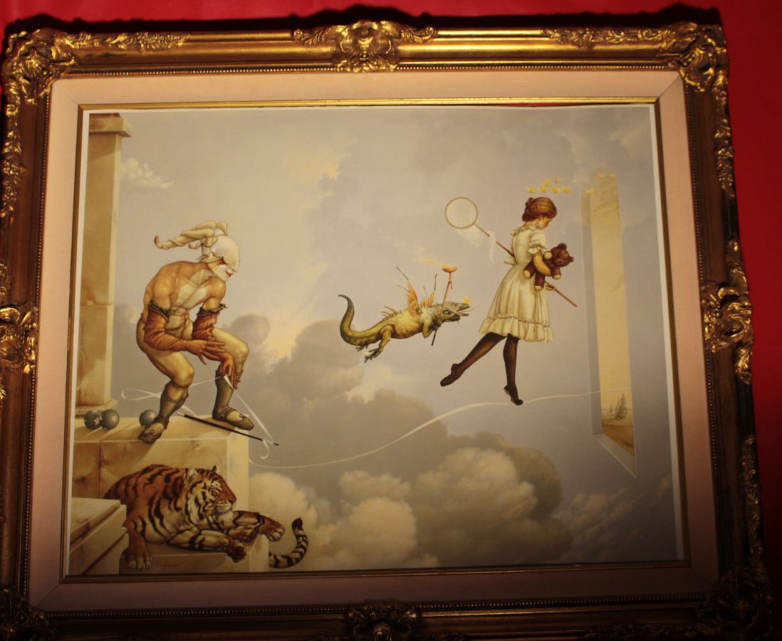 Desert Dream" by Michael Parkes in Gilt Frame 37x30: Below is information casually compiled from internet research: You are advised to do your own investigations or consult with an expert in the field. This is one of many art pieces assigned to us on a