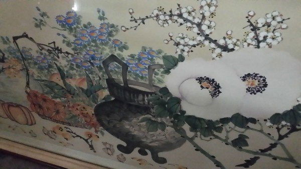 Old Korean Floral Ink & Color on Silk Paper Scroll (1 of 10)