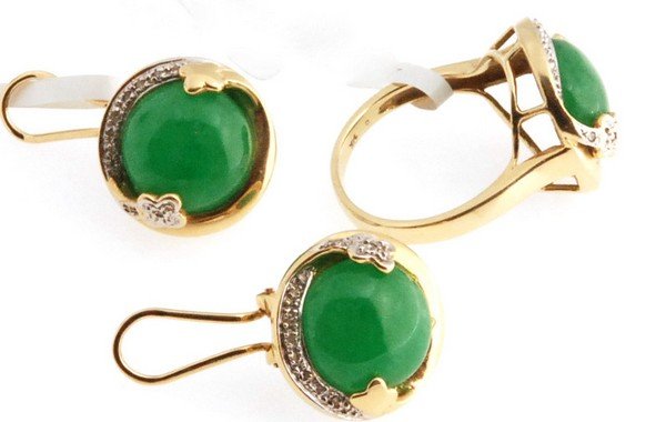 Certified Estate Solid 14K Gold Jade & Diamond Ring & (1 of 7)