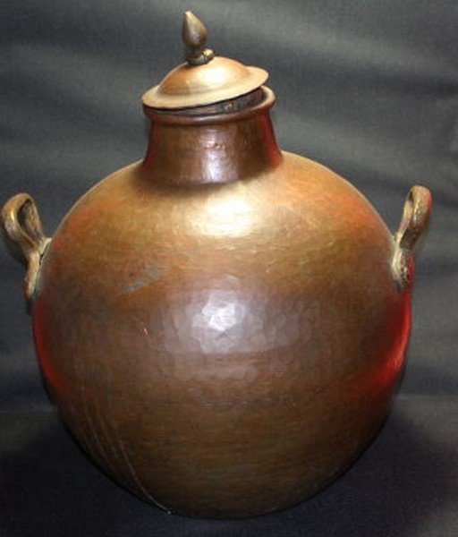 Ancient Indo-Persian-Mughal Period Copper Pottery: Circa 1700 or older..Large Ancient Indian Lidded Water Vessel Solid Copper: Hand Pounded by a highly skilled atist devoting hundreds of hours of labor… 18x16 inches, 14.00 lbs A rare and highly soph