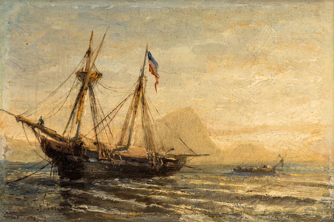 ATTRIBUTED TO ALEKSEY PETROVICH BOGOLIUBOV (RUSSIAN: ATTRIBUTED TO ALEKSEY PETROVICH BOGOLIUBOV (RUSSIAN 1824-1896) A Russian Barque Moored at Dusk, oil on canvas 18.5 x 27 cm (7 1/4 x 10 1/2 in.) signed lower left PROVENANCE Christie`s, South Kensingto