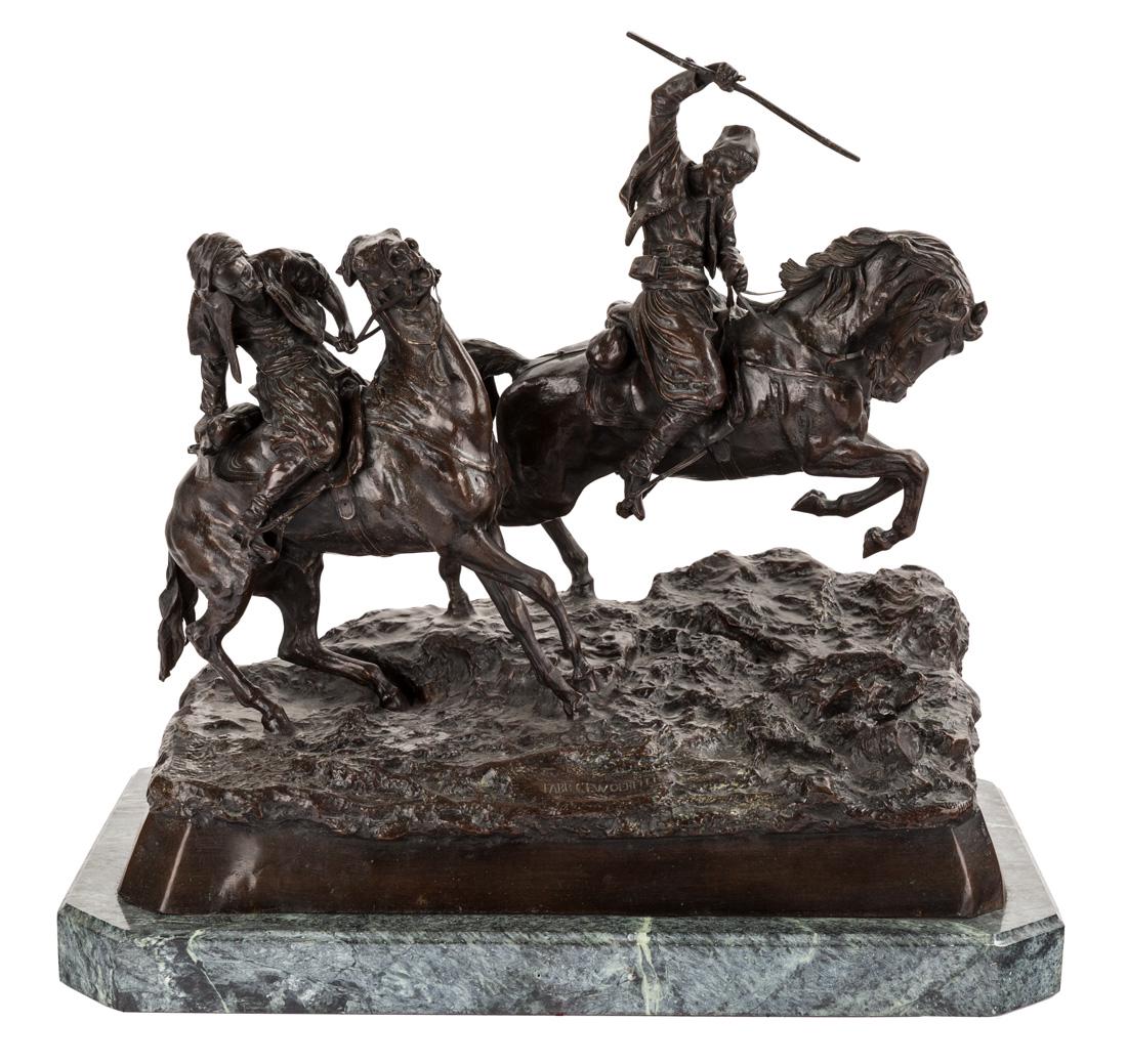 AFTER VASILY YAKOVLEVICH GRACHEV (RUSSIAN 1831-1905): AFTER VASILY YAKOVLEVICH GRACHEV (RUSSIAN 1831-1905) Galloping Circassians, bronze with dark brown patina on marble pedestal overall height: 46 cm (18 1/8 in.) signed and inscribed with Woerffel Found