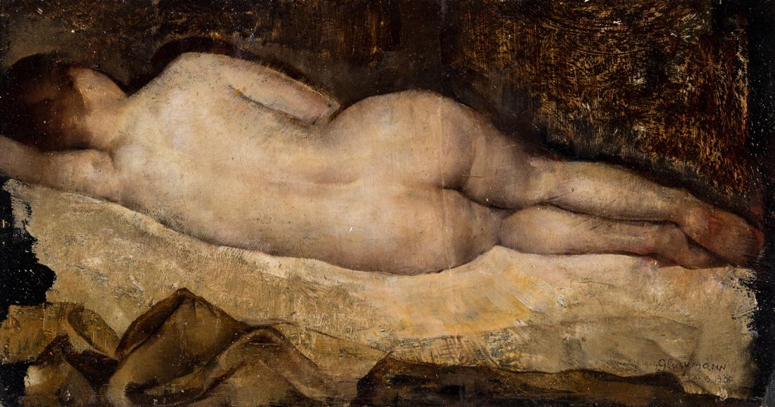 GRIGORY GLUCKMANN (RUSSIAN 1898-1973): GRIGORY GLUCKMANN (RUSSIAN 1898-1973) The Reclining Nude, 1930 oil on panel 20.2 x 38.2 cm (8 x 15 in.) signed, dated, and inscribed Paris lower right
