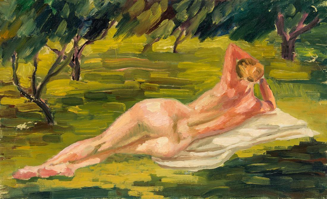 DMITRY KRAPIVNY (RUSSIAN 1904-1940): DMITRY KRAPIVNY (RUSSIAN 1904-1940) Reclining Nude en plein air, oil on canvas 35.5 x 57 cm (14 x 22 1/2 in.) authenticating inscription by artist`s wife on verso PROVENANCE Acquired directly from art
