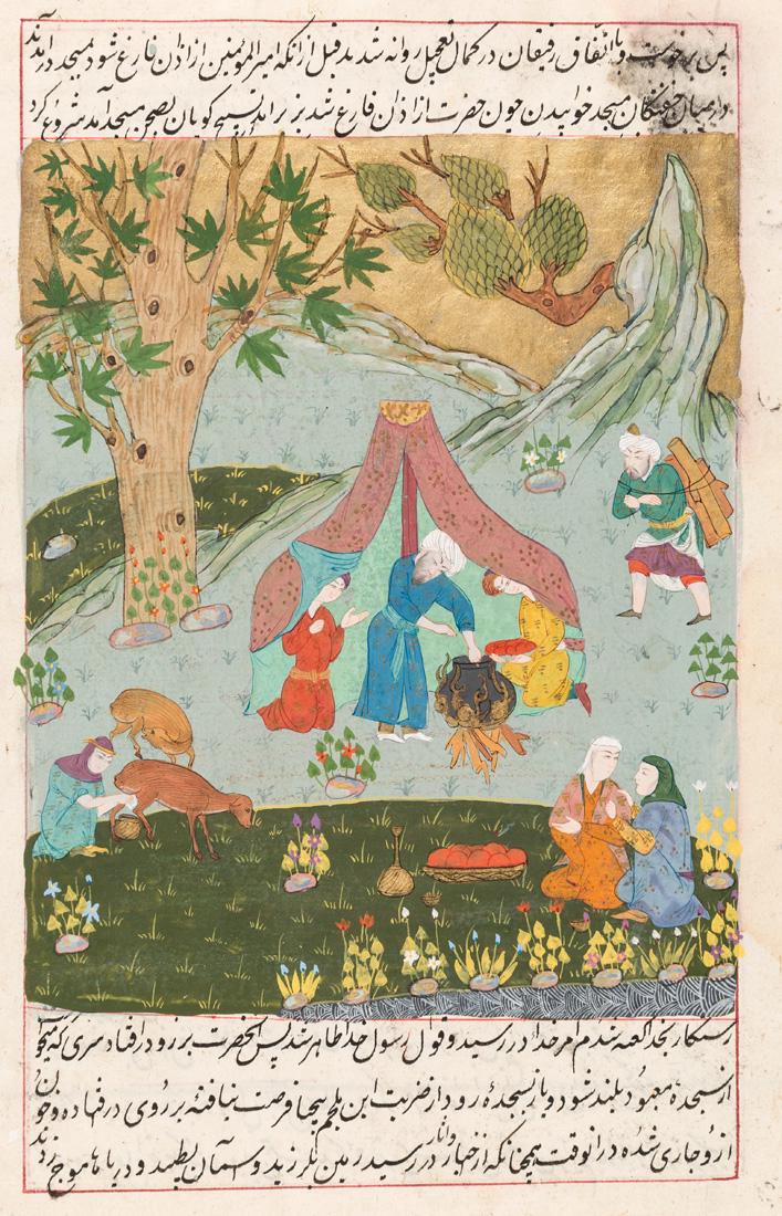 A PERSIAN MINIATURE PAINTING OF PEASANTS PREPARING A
