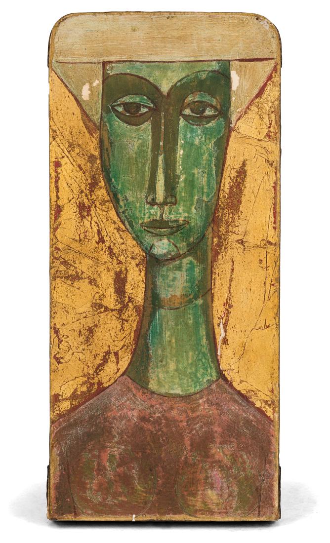 ADAM NIEMCZYC (POLISH 1914-?): ADAM NIEMCZYC (POLISH 1914-?) Ucella`s Wife, 1962 mixed media on wood panel 29 x 13.2 cm (11 3/8 x 15 1/4 in.) signed, dated and titled on verso PROVENANCE Collection of Bart N. Stephens, Cultural Att