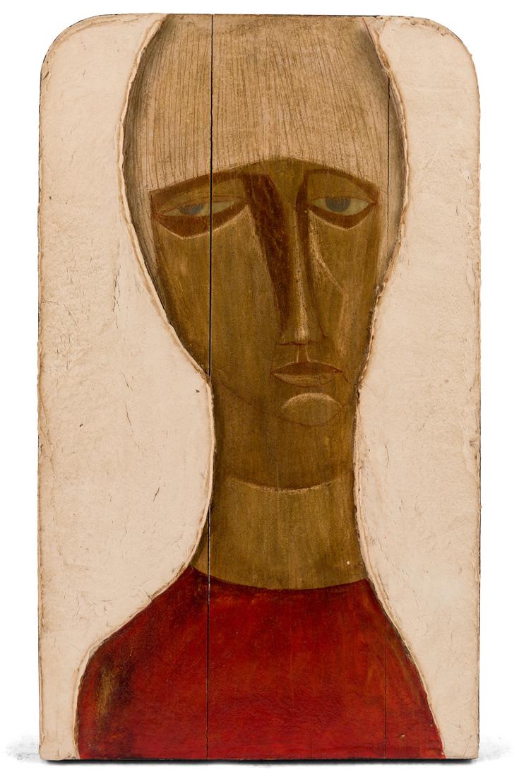 ADAM NIEMCZYC (POLISH 1914-?): ADAM NIEMCZYC (POLISH 1914-?) Portrait of Mrs. B. Stephens, 1964 mixed media on wood panel 50.4 x 30 cm (19 3/4 x 11 3/4 in.) signed, titled, dated and inscribed on verso PROVENANCE Collection of Bart