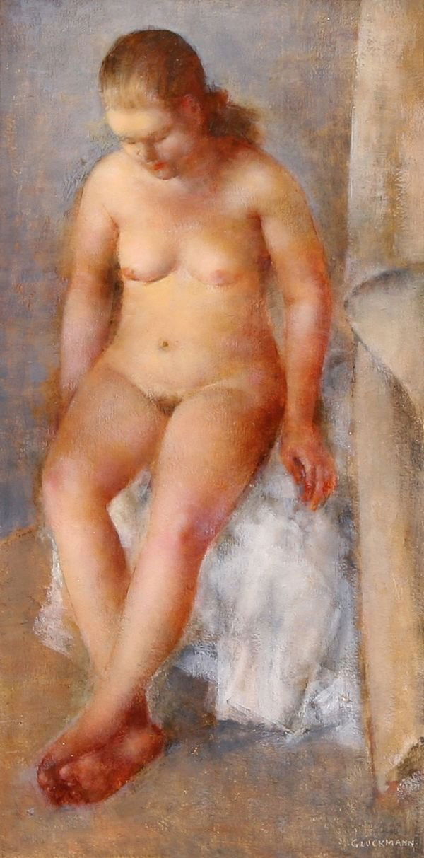 GLUCKMANN California Russian Oil Painting Nude: GRIGORY GLUCKMANN (RUSSIAN-AMERICAN 1898-1973), "Rest Period," c.1940, oil on panel, 23 1/2 x 12 in. (59.7 x 30.5 cm), signed lower right. EXHIBITED: Dalzell Hatfield Galleries, Los Angeles (label ver