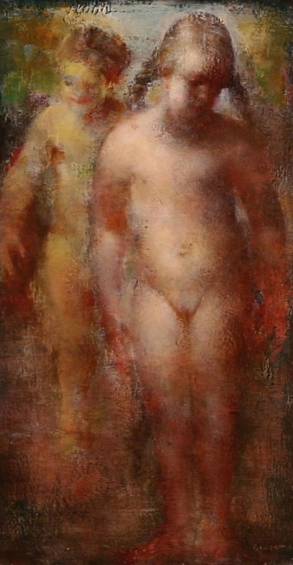 GLUCKMANN California Russian Oil Painting Nude: GRIGORY GLUCKMANN (RUSSIAN-AMERICAN 1898-1973), "Pigtails on the Beach," oil on panel, 11 x 6 1/2 in. (27.9 x 16.5 cm), signed lower right. EXHIBITED: Dalzell Hatfield Galleries, Los Angeles (label ve