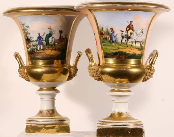 RUSSIAN Antique Early 19th C Porcelain Vase Pair: RUSSIAN EARLY 19TH CENTURY, Pair of Two-Handled Porcelain Vases, Private Russian Porcelain Factory. Each is campana shaped, with a circular foot on a square gilt plinth, with a pair of gilt bracket ha