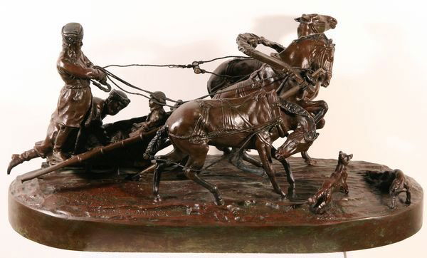 LANCERAY Russian Antique Bronze Sculpture Attrib.: ATTRIBUTED TO EVGENI ALEXANDROVICH LANCERAY (RUSSIAN 1848-1886), "Galloping," bronze with brown patina, 8 1/2 in. (21.6 cm) height., signed and inscribed on base, inscribed with foundry mark. --------