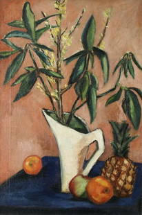 PRESTON DICKINSON B1891 Still Life Oil Painting: PRESTON DICKINSON (AMERICAN 1891-1930), "Still Life with Pitcher, Fruit, and Plant," oil on canvas, 30 x 20 in. (76.2 x 50.8 cm.), signed lower right. ---------- Please note: 1) Ebay allows