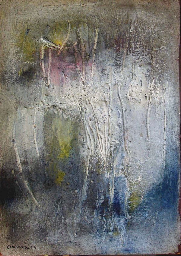 ANTONIO CORPORA B1909 Italian Abstract Painting: ANTONIO CORPORA (ITALIAN 1909-2004), "Untitled," 1959, mixed media on board, 26 1/2 x 18 3/4 in. (67.3 x 47.6 cm), signed and dated lower left. PROVENANCE: Acquired directly from the artist circa 1959
