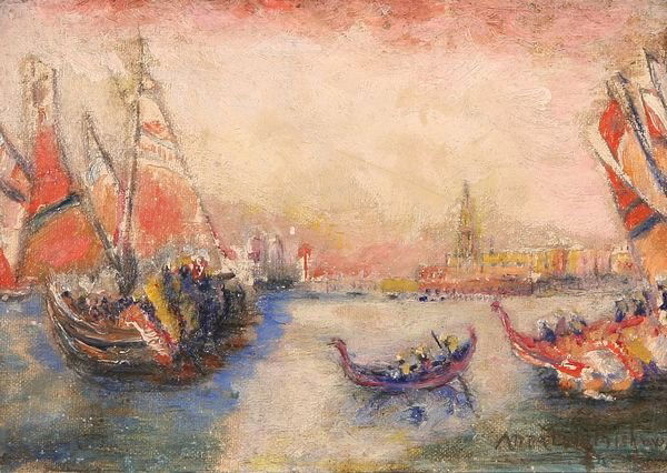 ITALIAN Antique Oil Painting Festival in Venice: ITALIAN LATE 19TH/EARLY 20TH CENTURY, "Festival in Venice," oil on canvasboard, 6 1/8 x 9 in. (15.6 x 22.9 cm), signed lower right. ---------- Please note: 1) Ebay allows you to bid live in real time